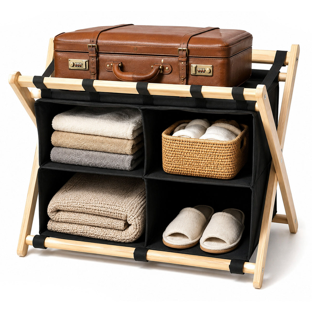 Bamboo Luggage Rack with 4 Storage Compartments