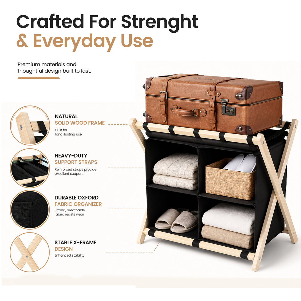 Bamboo Luggage Rack with 4 Storage Compartments