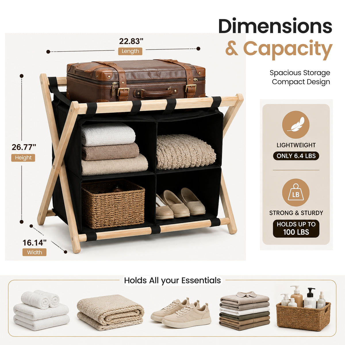 Bamboo Luggage Rack with 4 Storage Compartments