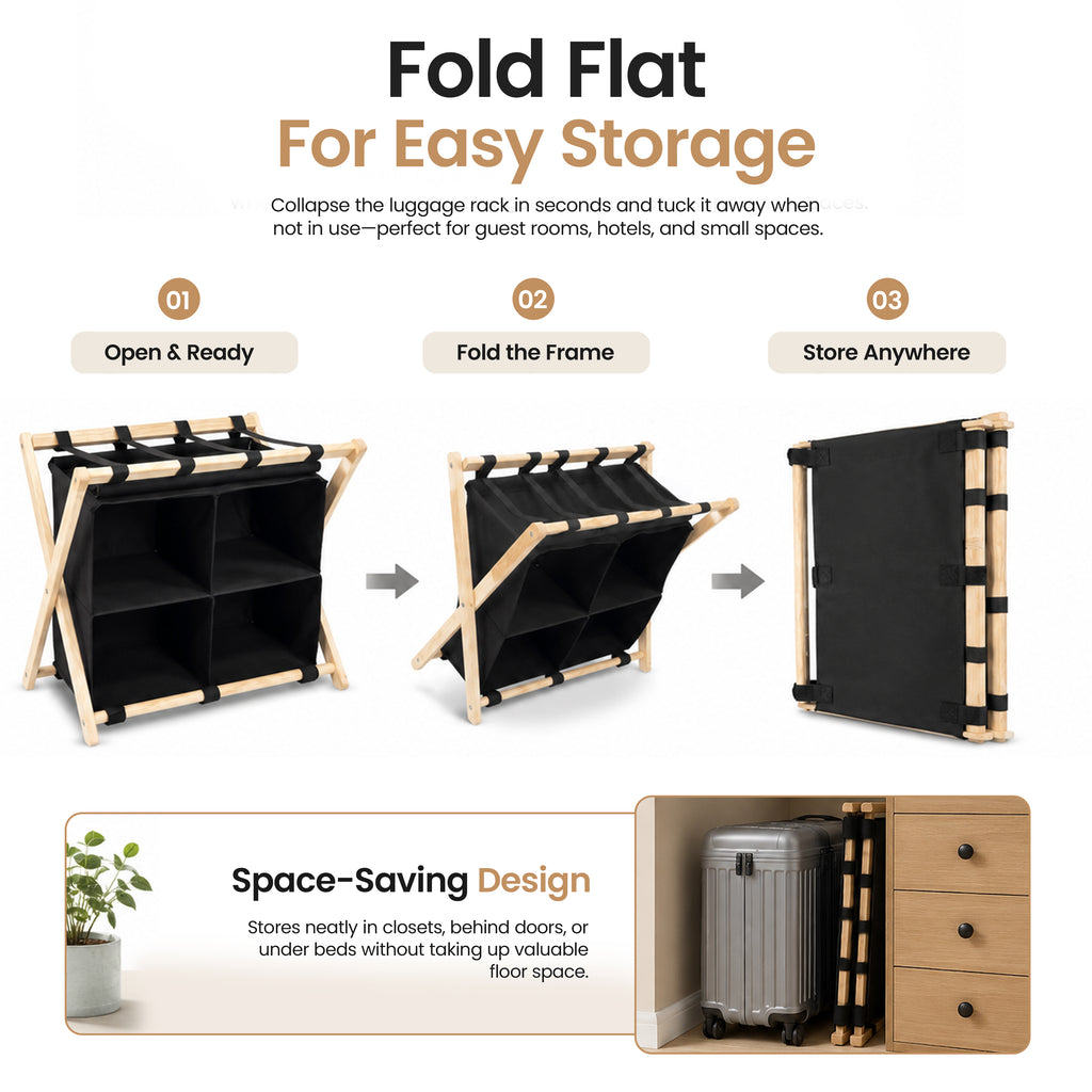 Bamboo Luggage Rack with 4 Storage Compartments