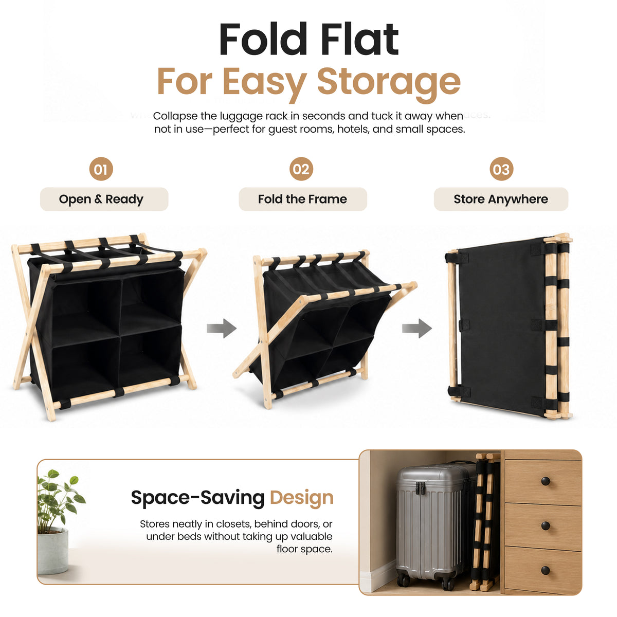Bamboo Luggage Rack with 4 Storage Compartments