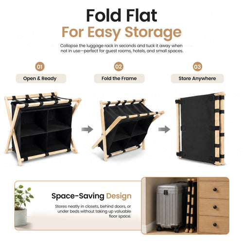 Bamboo Luggage Rack with 4 Storage Compartments