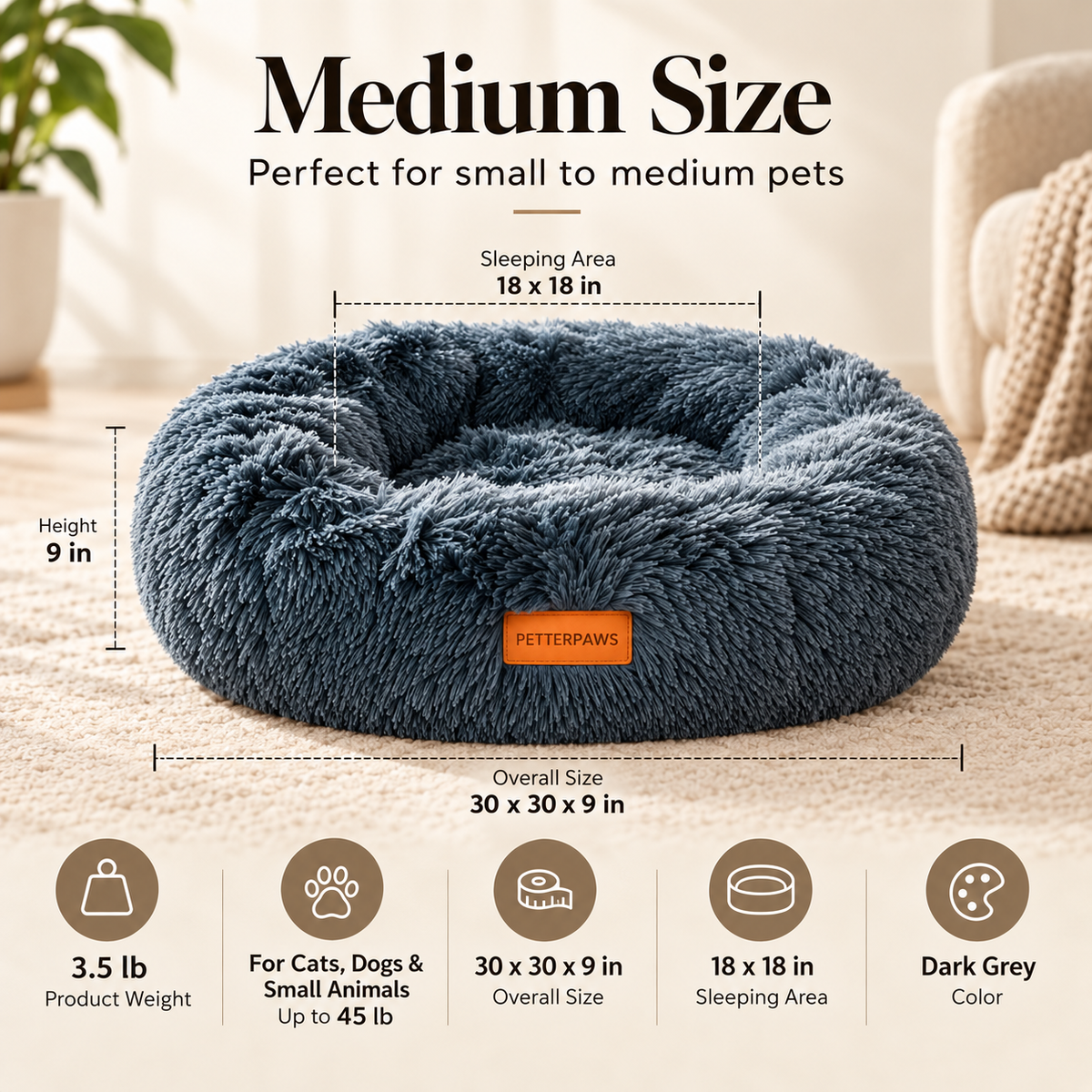 PETTERPAWS Donut Pet Bed, Medium, 30 x 30 x 9 Inch, Dark Gray