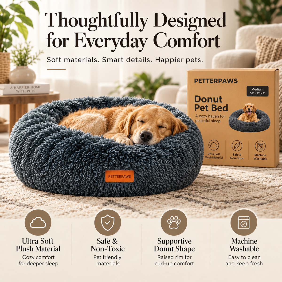 PETTERPAWS Donut Pet Bed, Medium, 30 x 30 x 9 Inch, Dark Gray