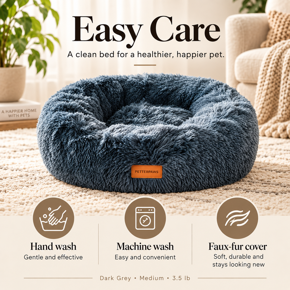 PETTERPAWS Donut Pet Bed, Medium, 30 x 30 x 9 Inch, Dark Gray