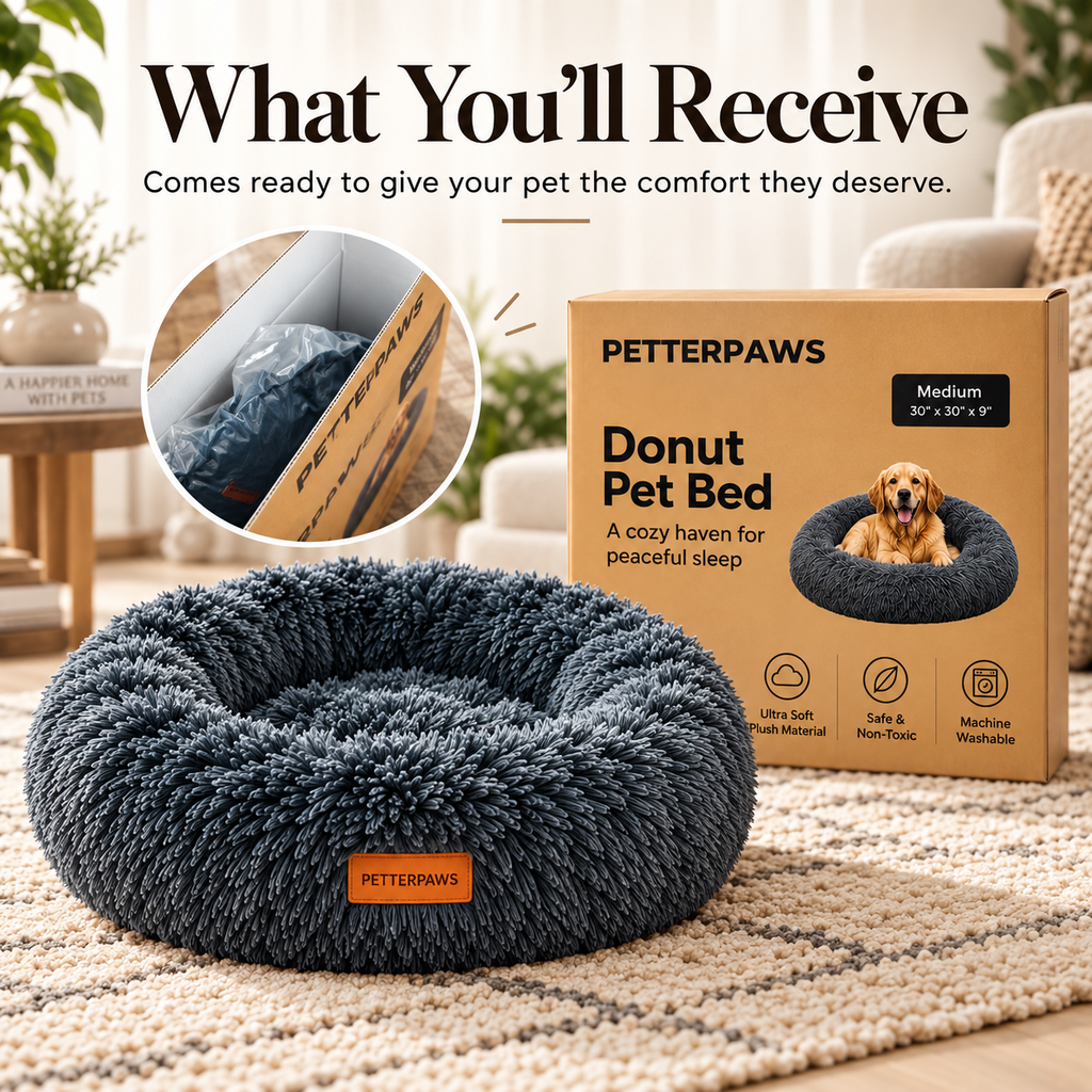 PETTERPAWS Donut Pet Bed, Medium, 30 x 30 x 9 Inch, Dark Gray