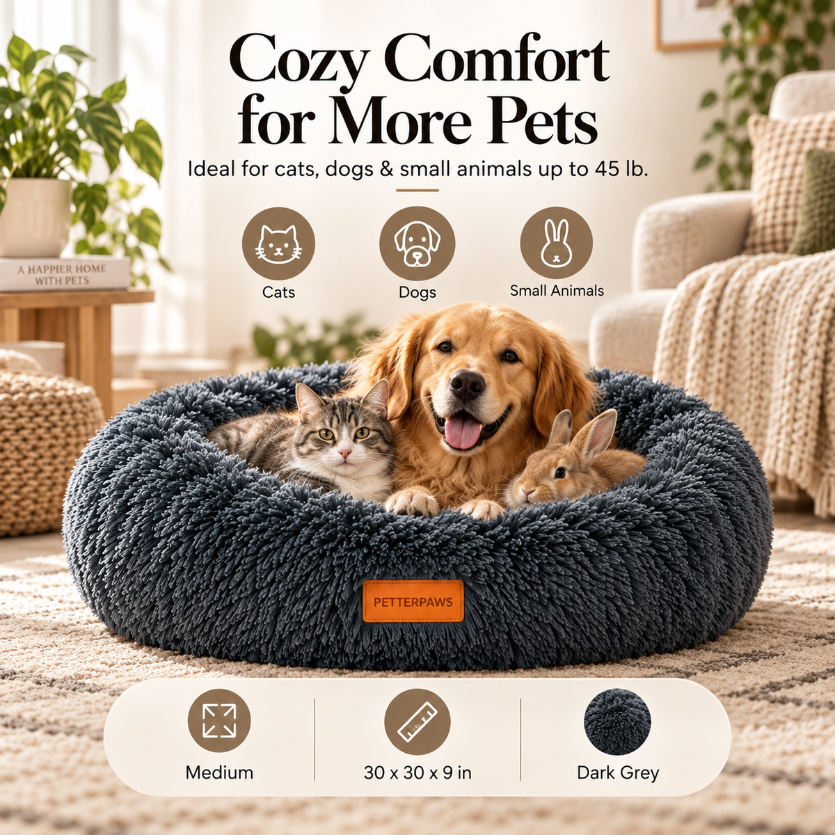 PETTERPAWS Donut Pet Bed, Medium, 30 x 30 x 9 Inch, Dark Gray